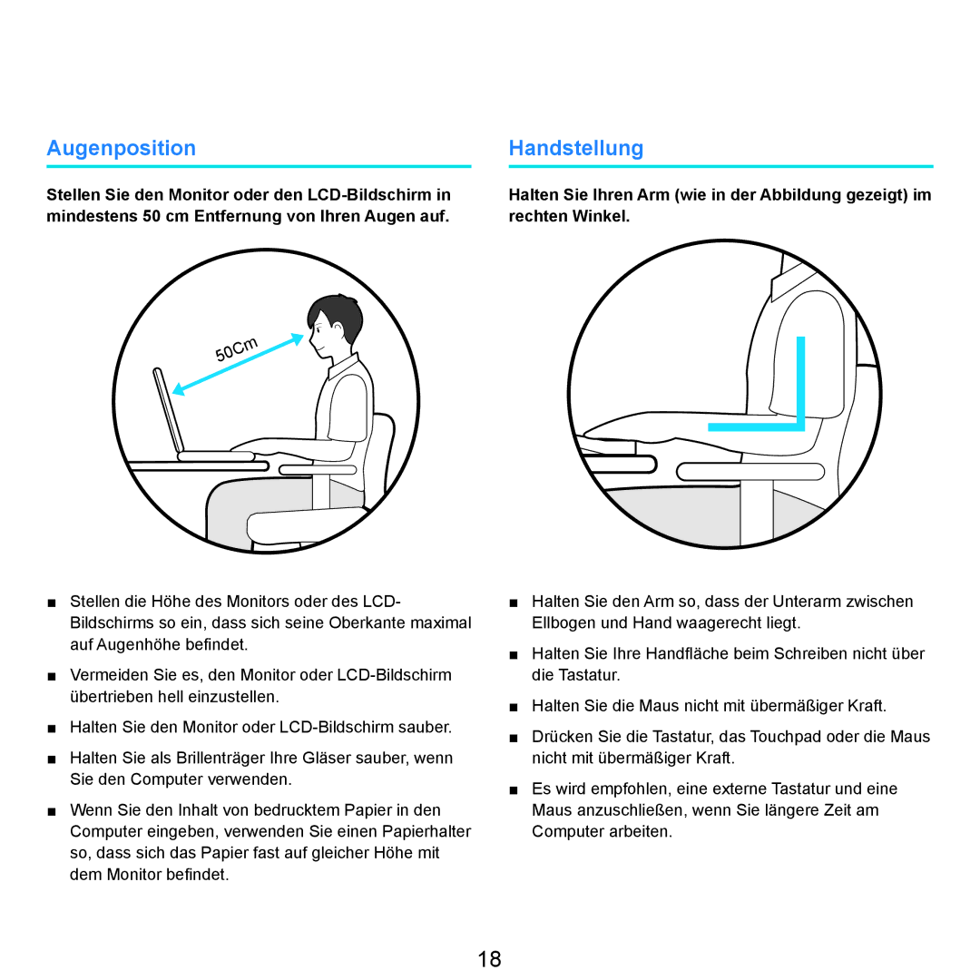 Samsung NP-R25A000/SEG, NP-R25A001/SEG, NP-R25F000/SEG manual Augenposition, Handstellung 