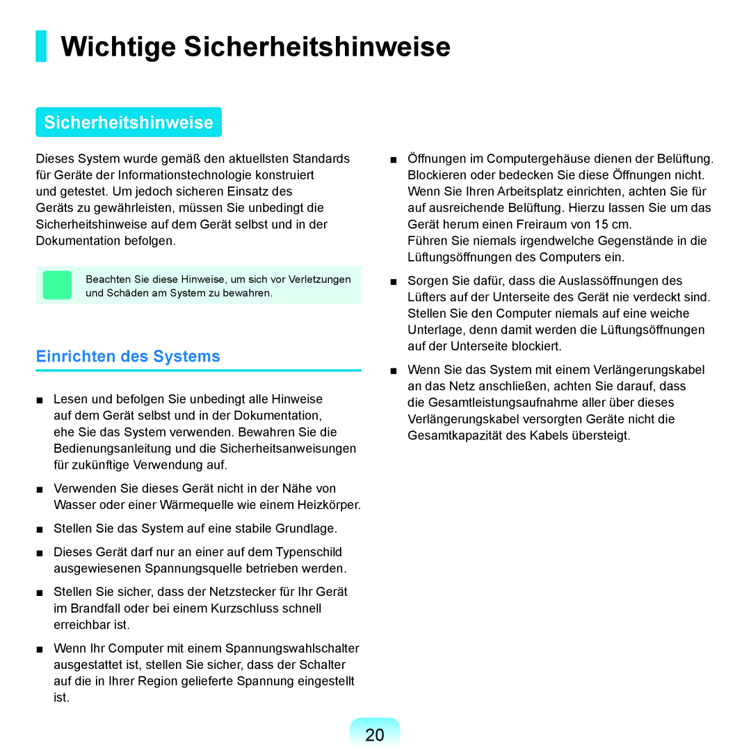 Samsung NP-R25A001/SEG, NP-R25A000/SEG, NP-R25F000/SEG manual Wichtige Sicherheitshinweise, Einrichten des Systems 