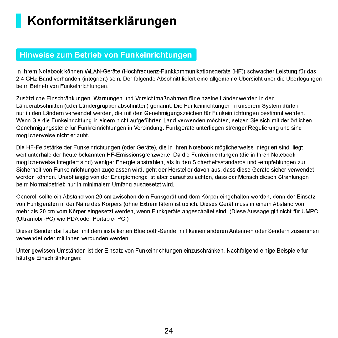 Samsung NP-R25A000/SEG, NP-R25A001/SEG, NP-R25F000/SEG Konformitätserklärungen, Hinweise zum Betrieb von Funkeinrichtungen 