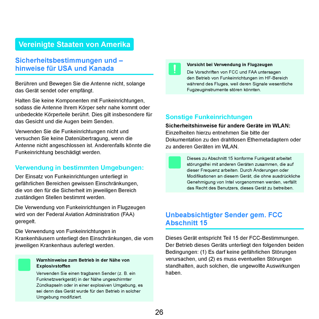 Samsung NP-R25A001/SEG manual Vereinigte Staaten von Amerika, Sicherheitsbestimmungen und hinweise für USA und Kanada 