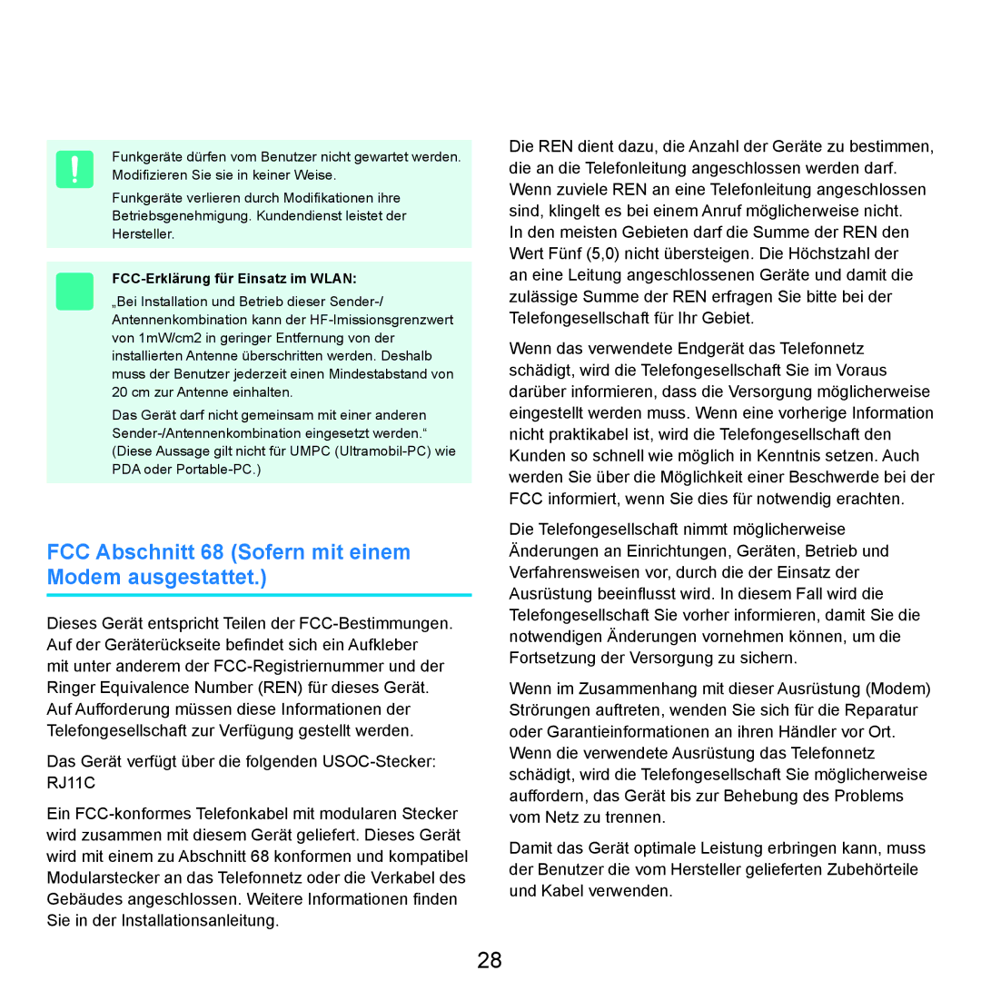 Samsung NP-R25F000/SEG manual FCC Abschnitt 68 Sofern mit einem Modem ausgestattet, FCC-Erklärung für Einsatz im Wlan 