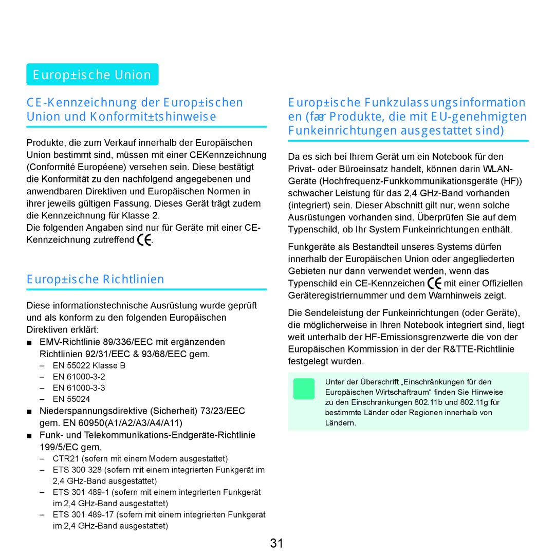 Samsung NP-R25F000/SEG, NP-R25A001/SEG, NP-R25A000/SEG manual Europäische Union, Europäische Richtlinien 