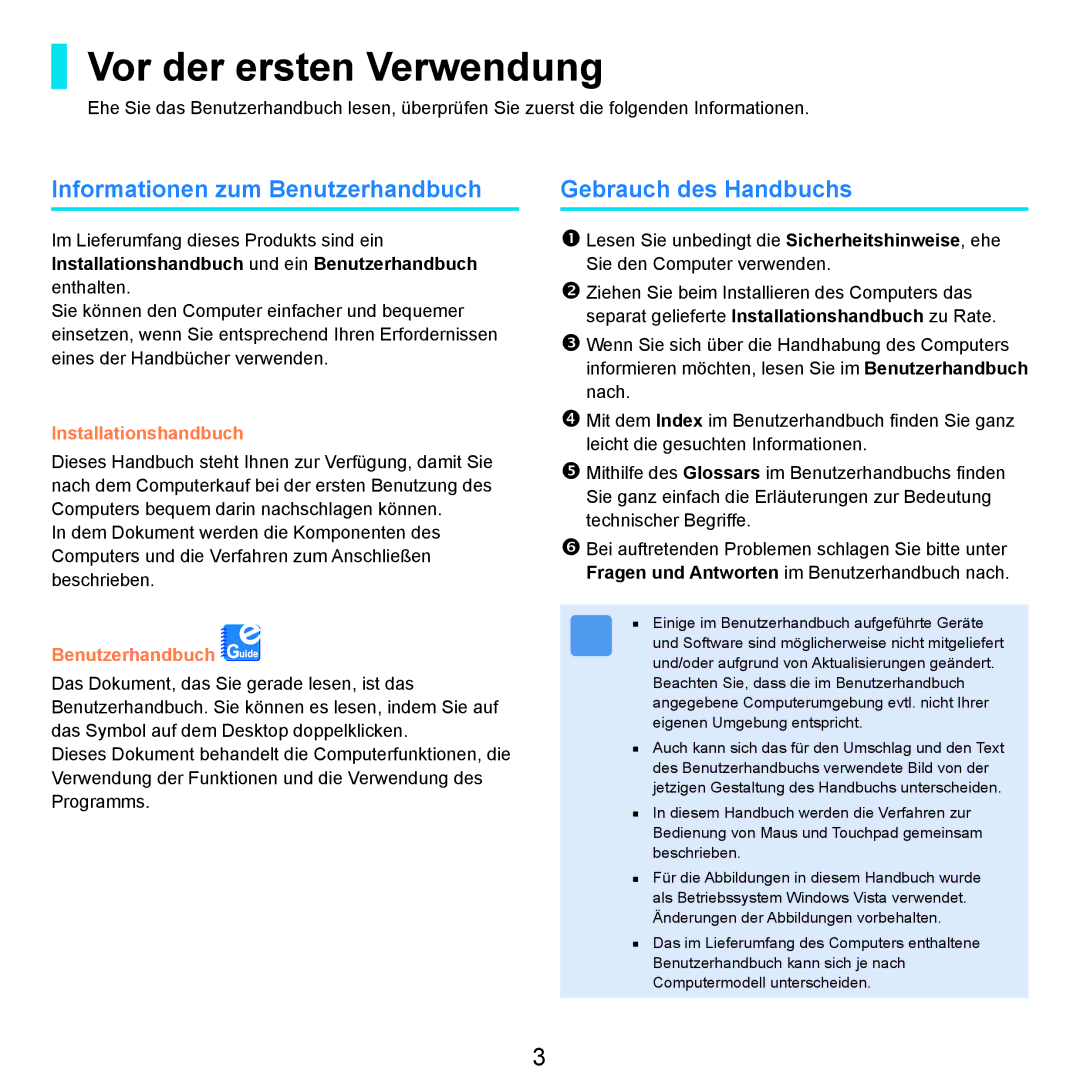 Samsung NP-R25A000/SEG manual Vor der ersten Verwendung, Informationen zum Benutzerhandbuch, Gebrauch des Handbuchs 