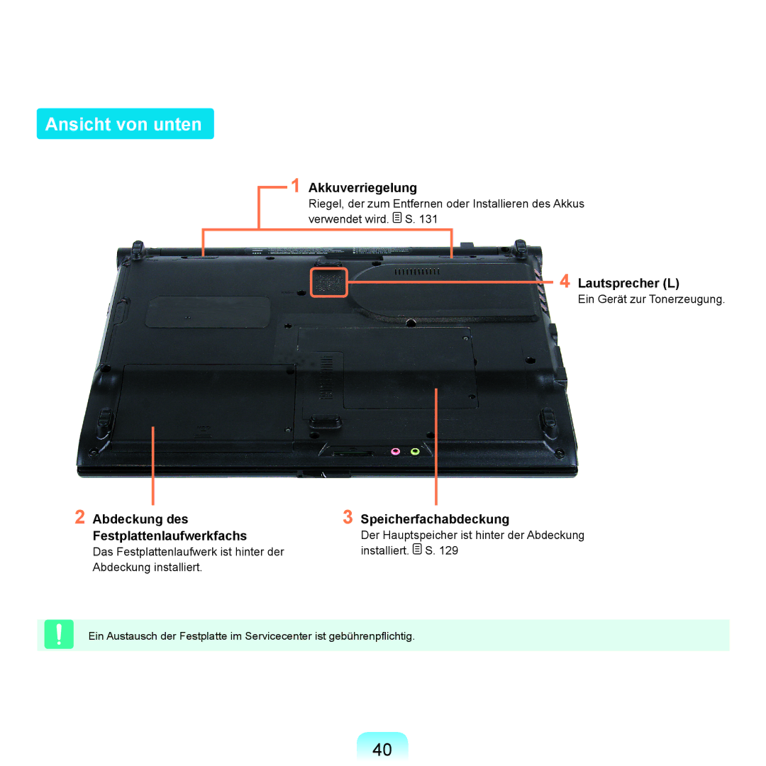 Samsung NP-R25F000/SEG manual Ansicht von unten, Akkuverriegelung, Lautsprecher L, Abdeckung des Festplattenlaufwerkfachs 