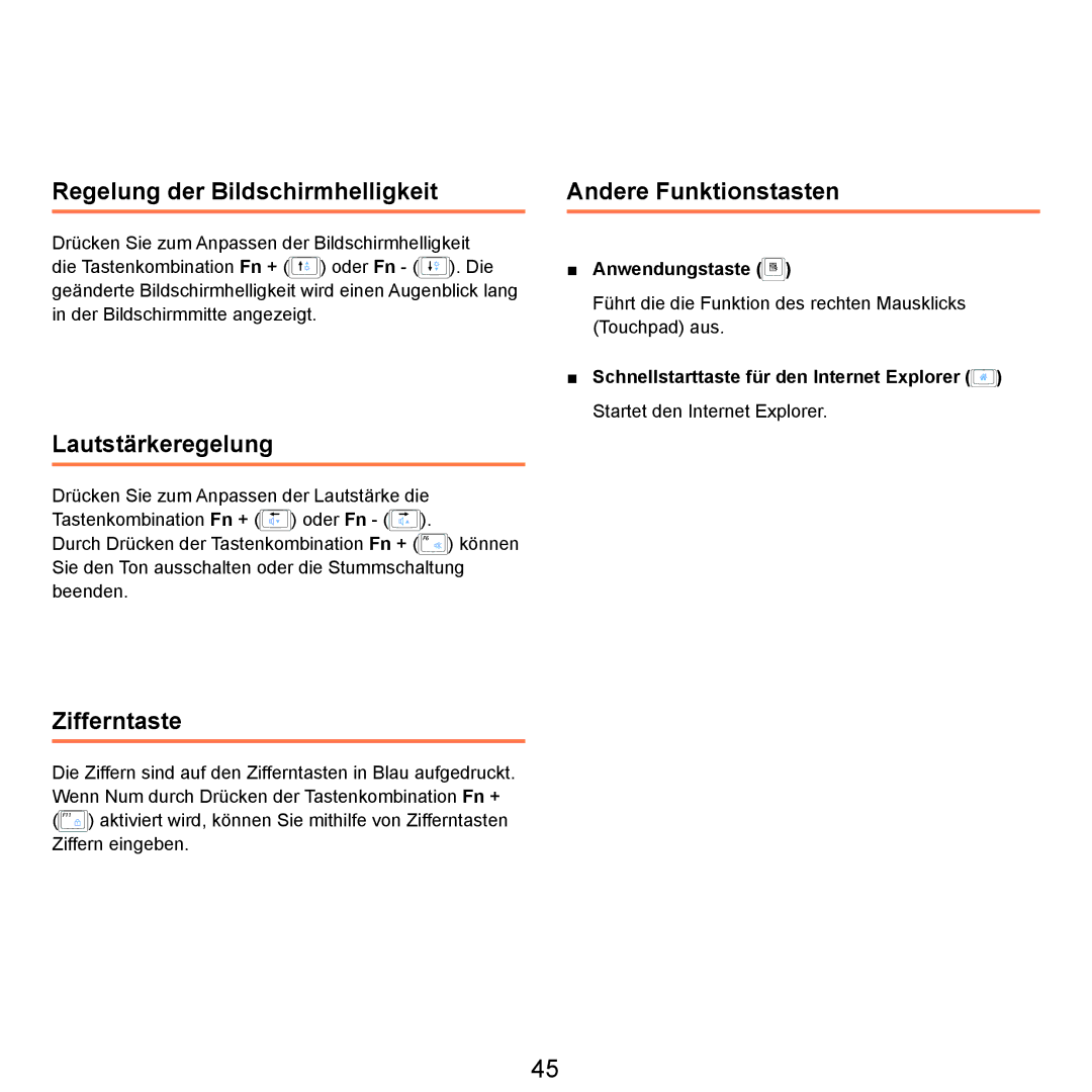 Samsung NP-R25A000/SEG manual Regelung der Bildschirmhelligkeit, Lautstärkeregelung, Zifferntaste, Andere Funktionstasten 