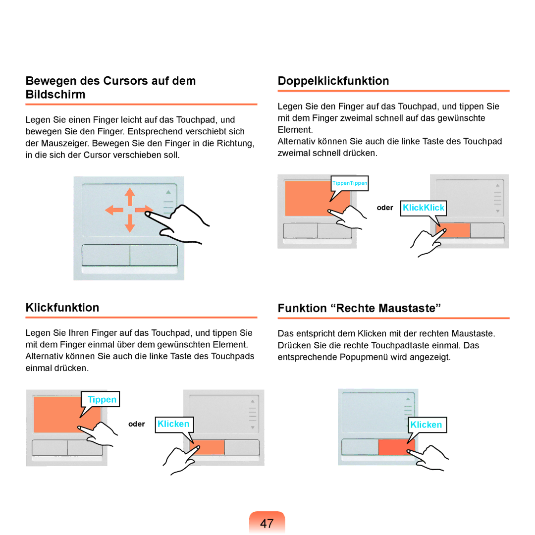 Samsung NP-R25A001/SEG, NP-R25A000/SEG manual Bewegen des Cursors auf dem Bildschirm, Klickfunktion, Doppelklickfunktion 