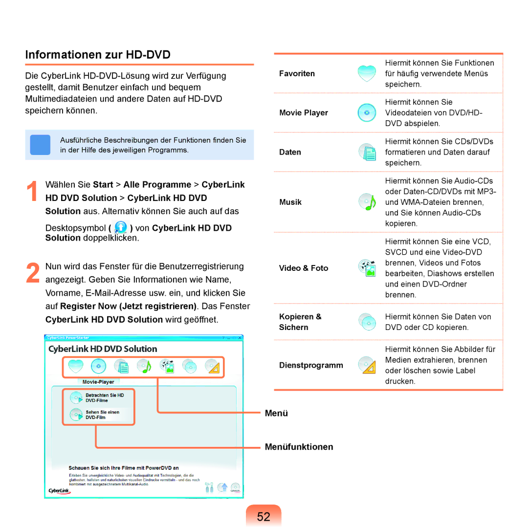 Samsung NP-R25F000/SEG, NP-R25A001/SEG, NP-R25A000/SEG manual Informationen zur HD-DVD, Menü Menüfunktionen 