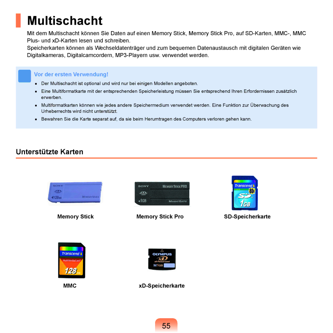 Samsung NP-R25F000/SEG, NP-R25A001/SEG, NP-R25A000/SEG manual Multischacht, Unterstützte Karten 