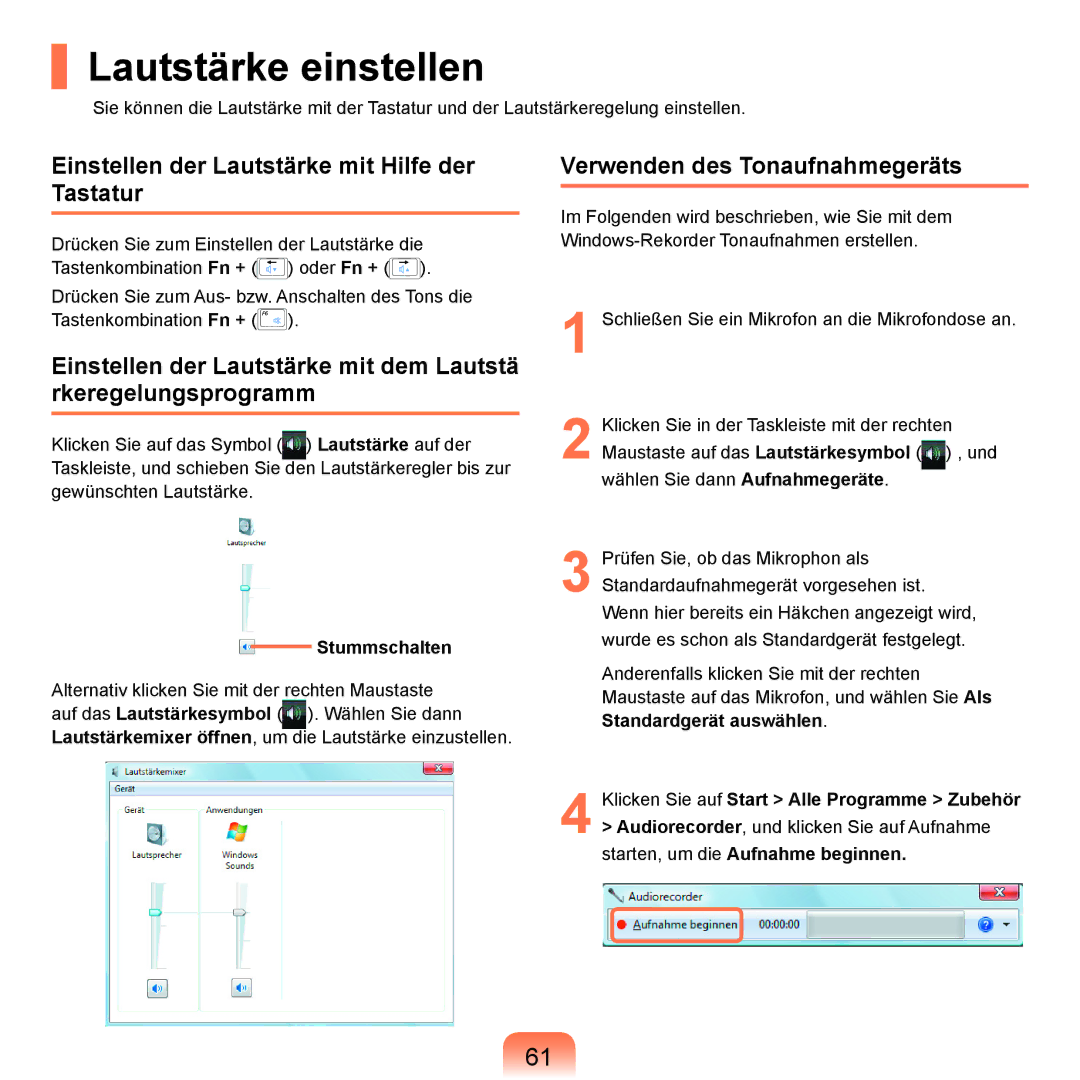 Samsung NP-R25F000/SEG, NP-R25A001/SEG manual Lautstärke einstellen, Einstellen der Lautstärke mit Hilfe der Tastatur 