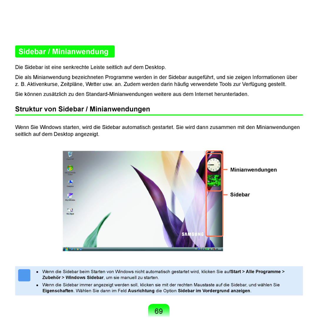 Samsung NP-R25A000/SEG, NP-R25A001/SEG, NP-R25F000/SEG Struktur von Sidebar / Minianwendungen, Minianwendungen Sidebar 