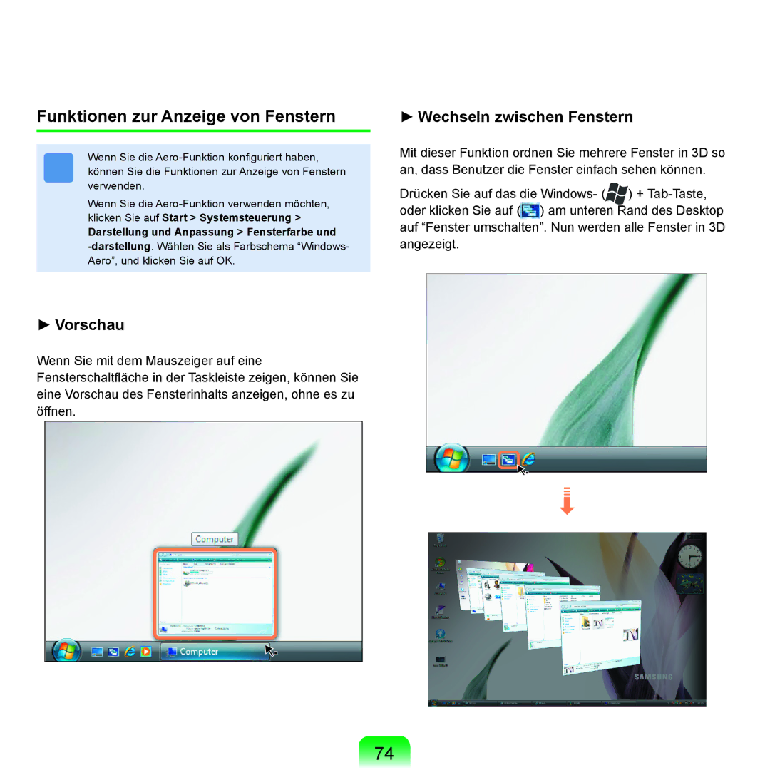 Samsung NP-R25A001/SEG, NP-R25A000/SEG Funktionen zur Anzeige von Fenstern, Darstellung und Anpassung Fensterfarbe und 