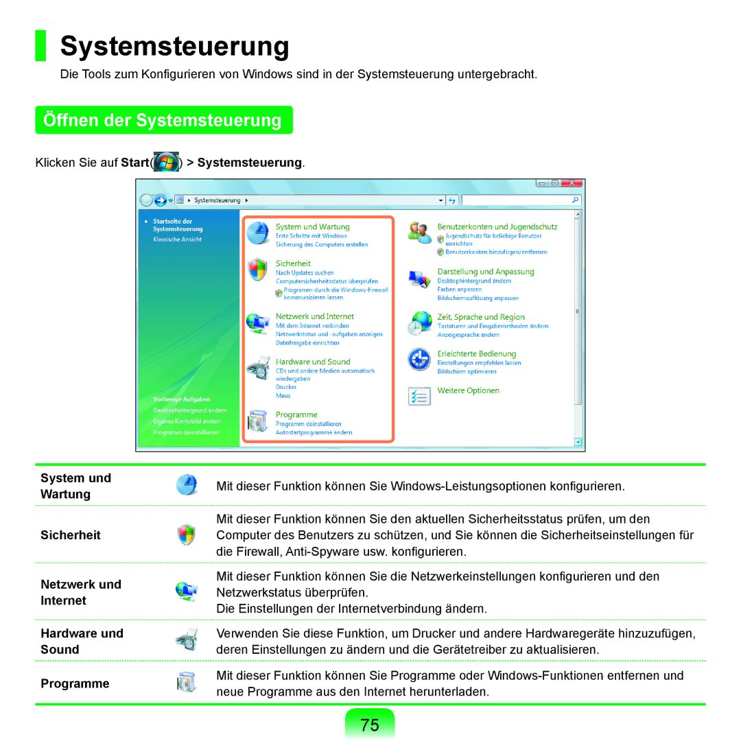 Samsung NP-R25A000/SEG, NP-R25A001/SEG, NP-R25F000/SEG manual Öffnen der Systemsteuerung 