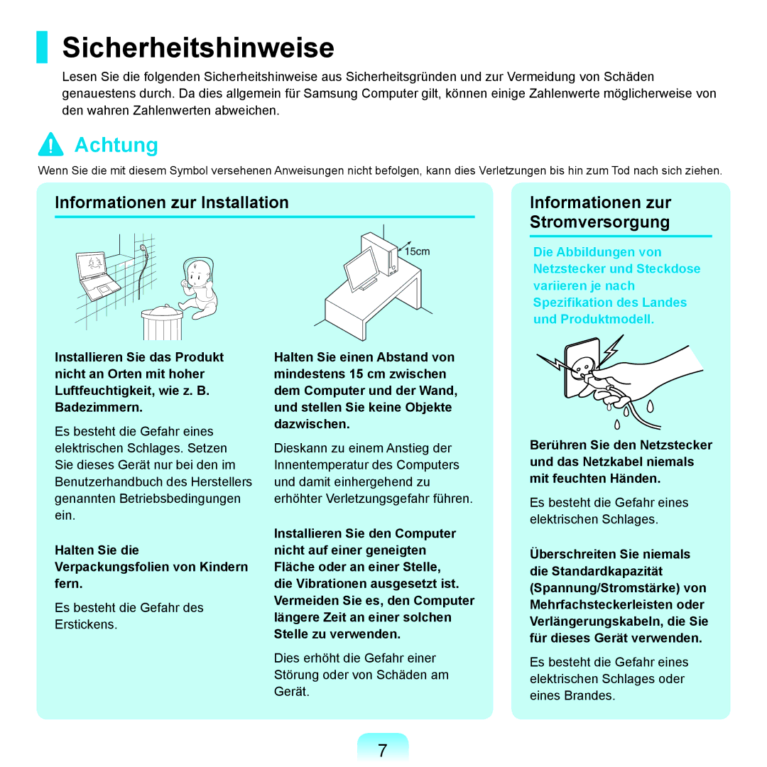 Samsung NP-R25F000/SEG, NP-R25A001/SEG manual Sicherheitshinweise, Halten Sie die Verpackungsfolien von Kindern fern 