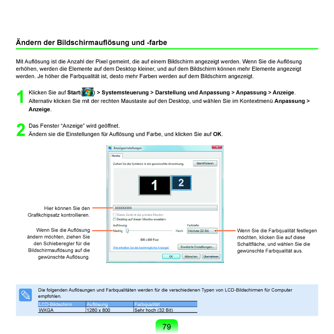 Samsung NP-R25F000/SEG, NP-R25A001/SEG, NP-R25A000/SEG manual Ändern der Bildschirmauﬂösung und -farbe 