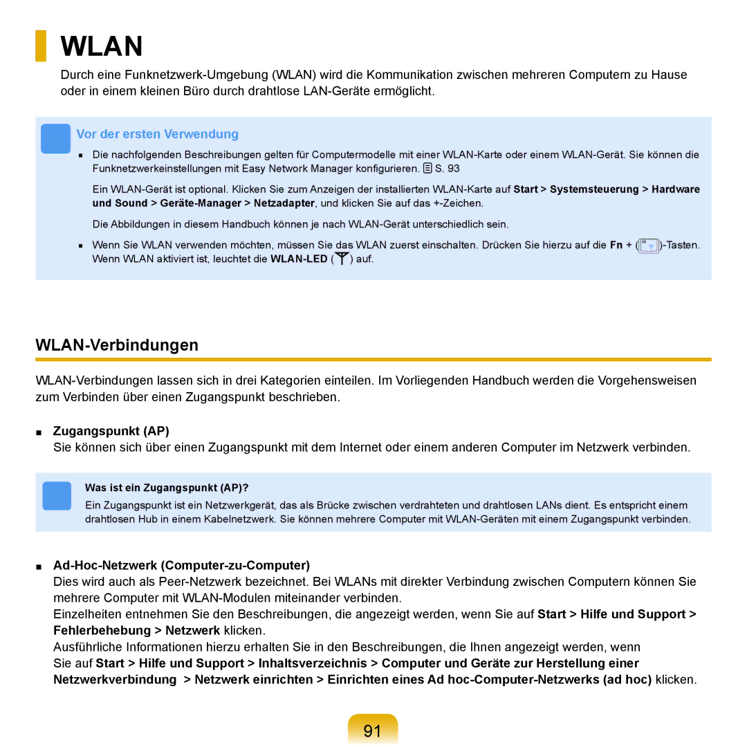 Samsung NP-R25F000/SEG, NP-R25A001/SEG manual WLAN-Verbindungen, Zugangspunkt AP, Ad-Hoc-Netzwerk Computer-zu-Computer 