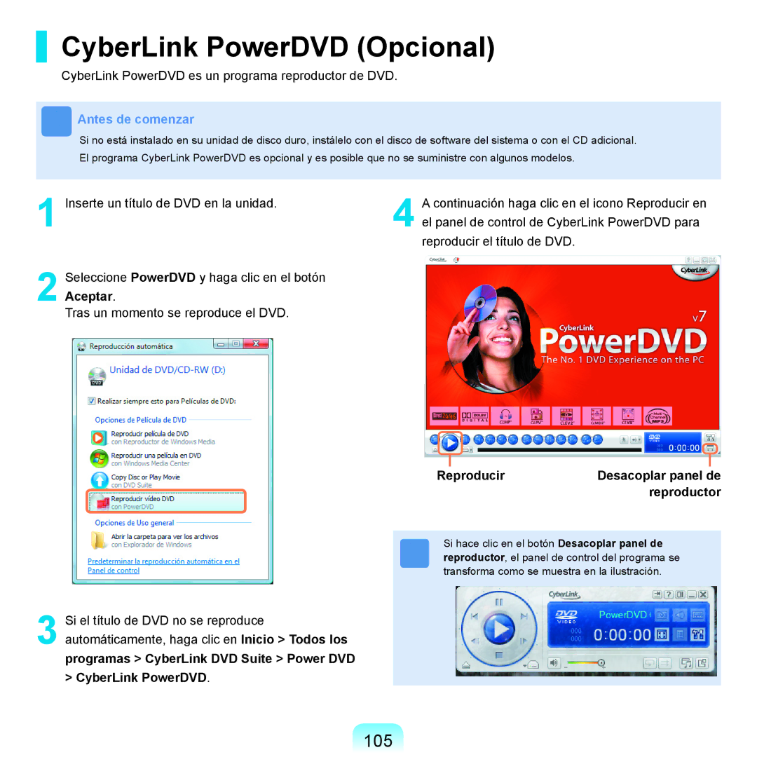 Samsung NP-R25A001/SES, NP-R25A000/SES manual CyberLink PowerDVD Opcional, 105, Reproducir, Reproductor 