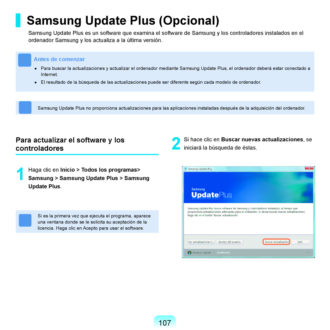 Samsung NP-R25A001/SES, NP-R25A000/SES Samsung Update Plus Opcional, 107, Para actualizar el software y los controladores 