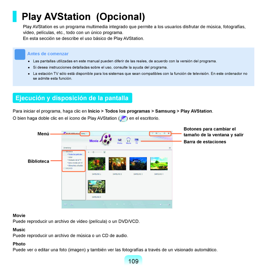 Samsung NP-R25A001/SES, NP-R25A000/SES manual Play AVStation Opcional, Ejecución y disposición de la pantalla, 109, Music 