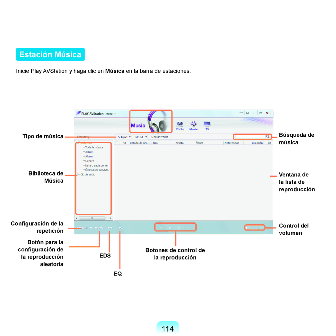 Samsung NP-R25A000/SES, NP-R25A001/SES manual Estación Música, 114 