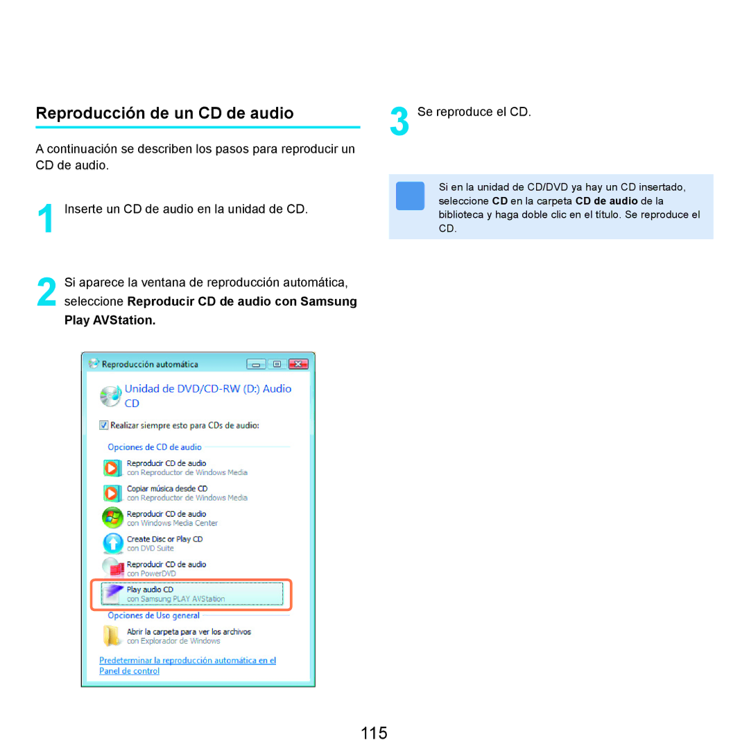 Samsung NP-R25A001/SES, NP-R25A000/SES manual 115, Reproducción de un CD de audio, Play AVStation 