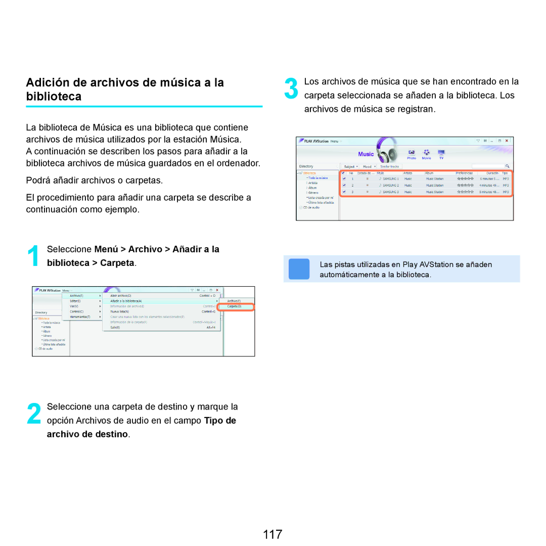 Samsung NP-R25A001/SES, NP-R25A000/SES manual 117, Adición de archivos de música a la biblioteca 