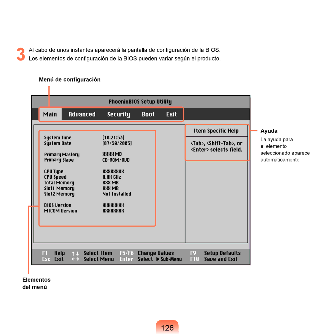 Samsung NP-R25A000/SES, NP-R25A001/SES manual 126, Menú de conﬁguración Ayuda, Elementos del menú 