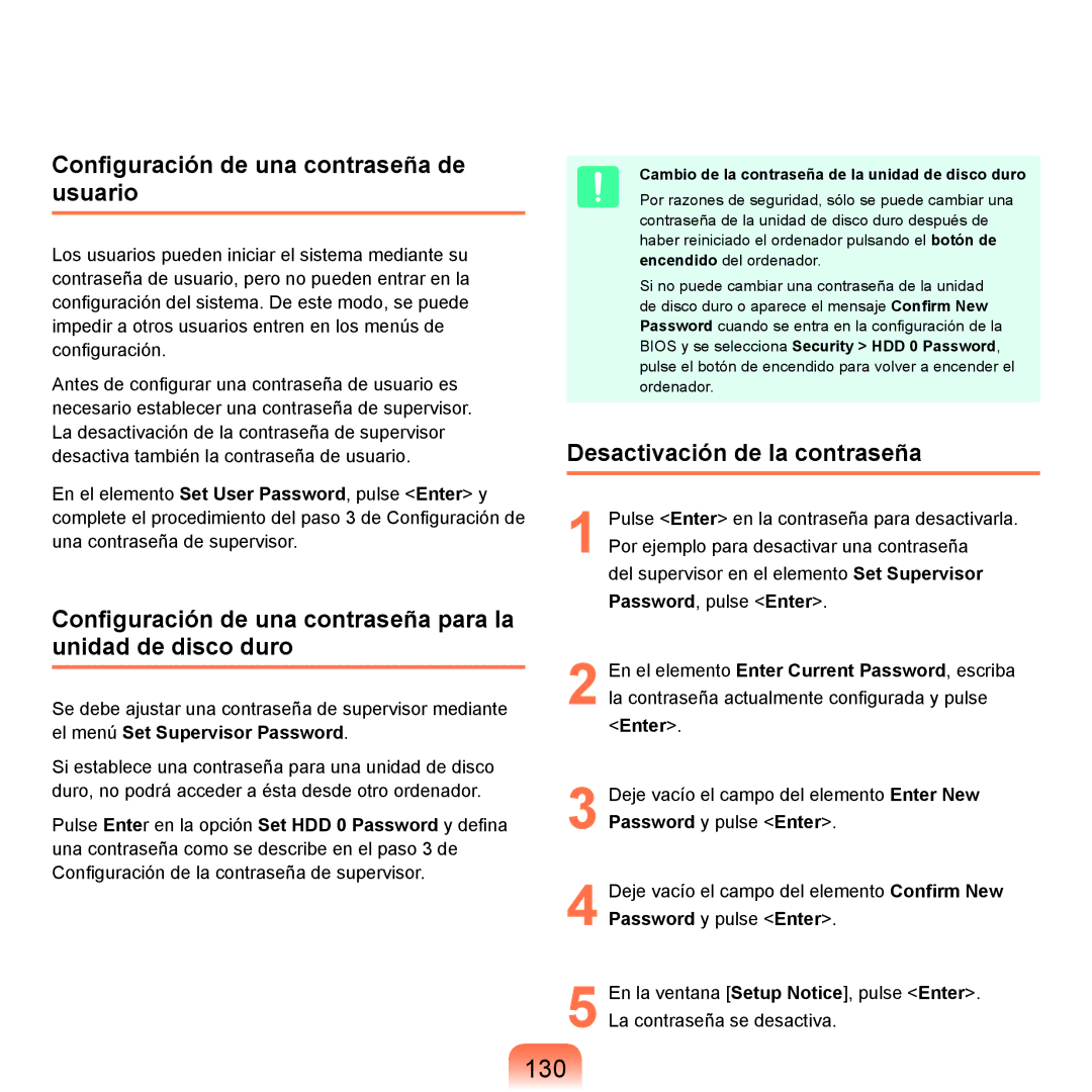 Samsung NP-R25A000/SES, NP-R25A001/SES manual 130, Conﬁguración de una contraseña de usuario, Desactivación de la contraseña 