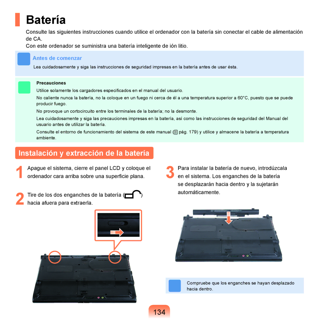 Samsung NP-R25A000/SES, NP-R25A001/SES manual Batería, Instalación y extracción de la batería, 134, Precauciones 