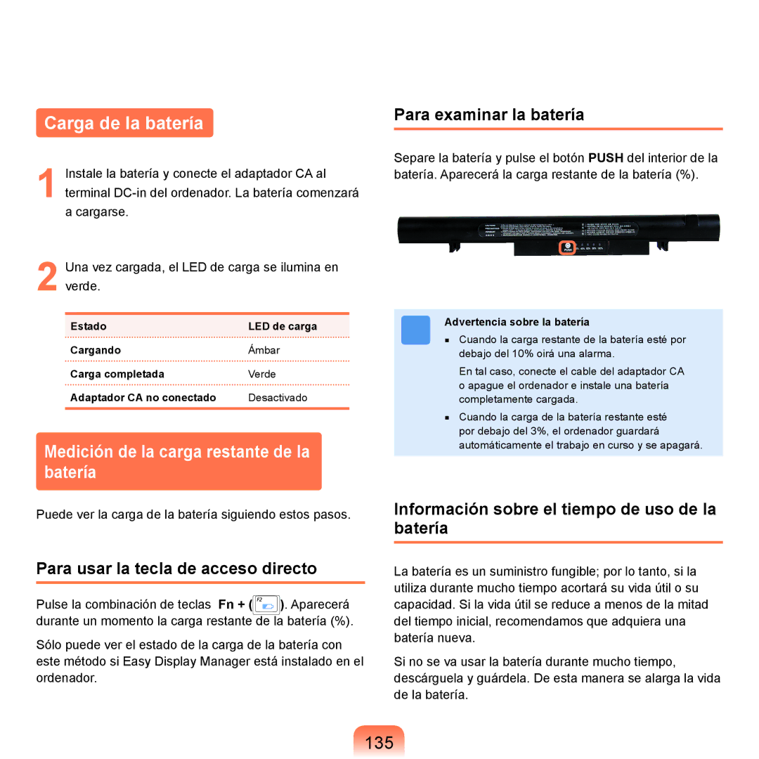 Samsung NP-R25A001/SES, NP-R25A000/SES manual Carga de la batería, Medición de la carga restante de la batería, 135 