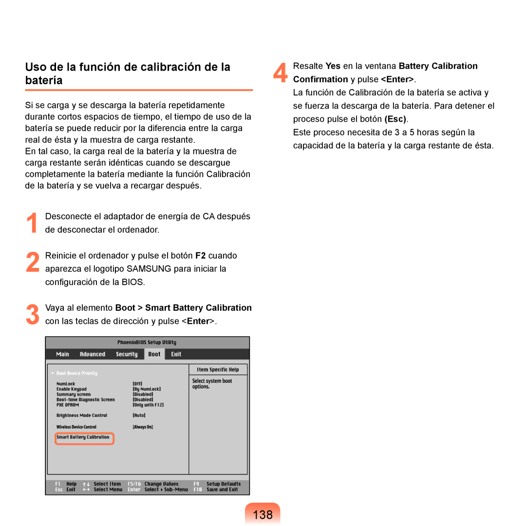 Samsung NP-R25A000/SES, NP-R25A001/SES manual 138, Uso de la función de calibración de la batería 