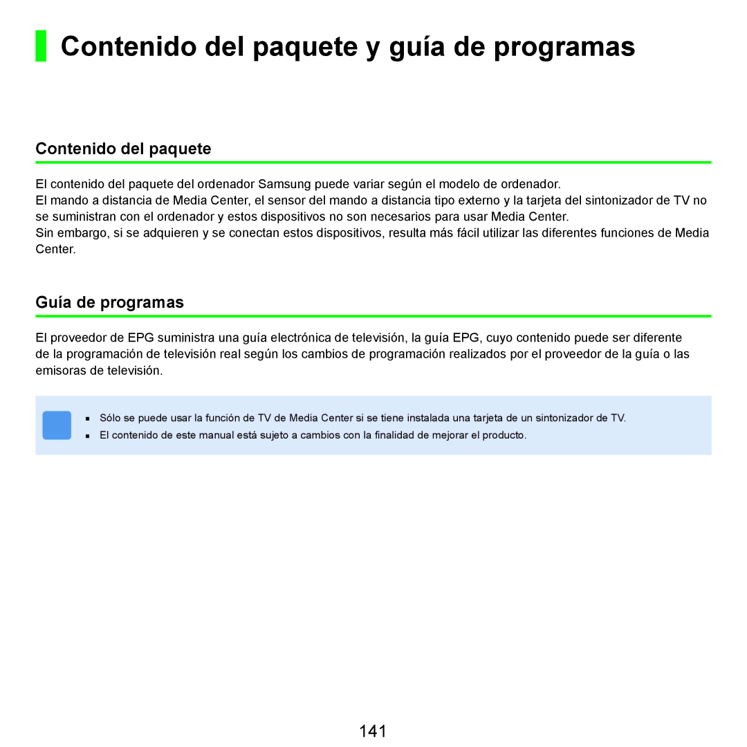 Samsung NP-R25A001/SES, NP-R25A000/SES manual Contenido del paquete y guía de programas, 141, Guía de programas 