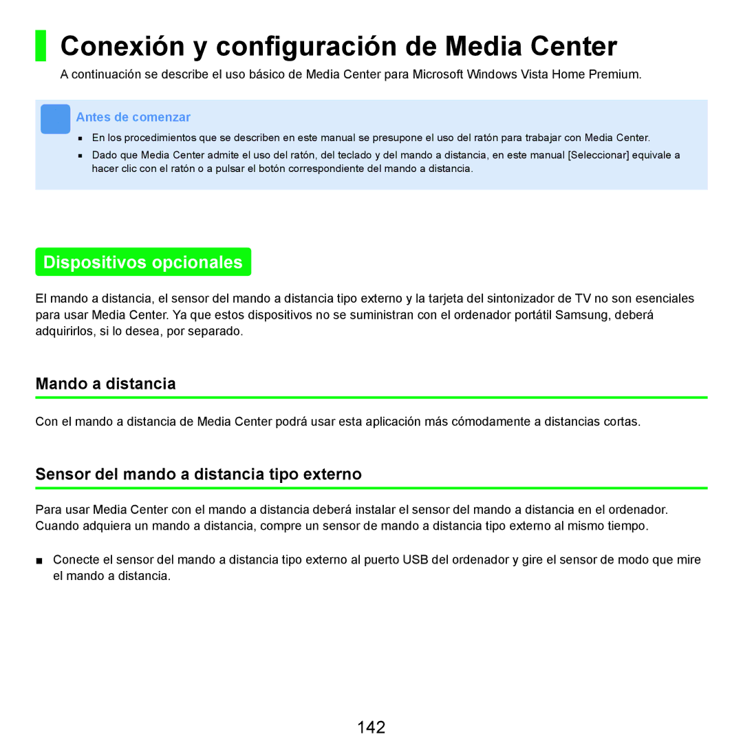 Samsung NP-R25A000/SES manual Conexión y conﬁguración de Media Center, Dispositivos opcionales, 142, Mando a distancia 