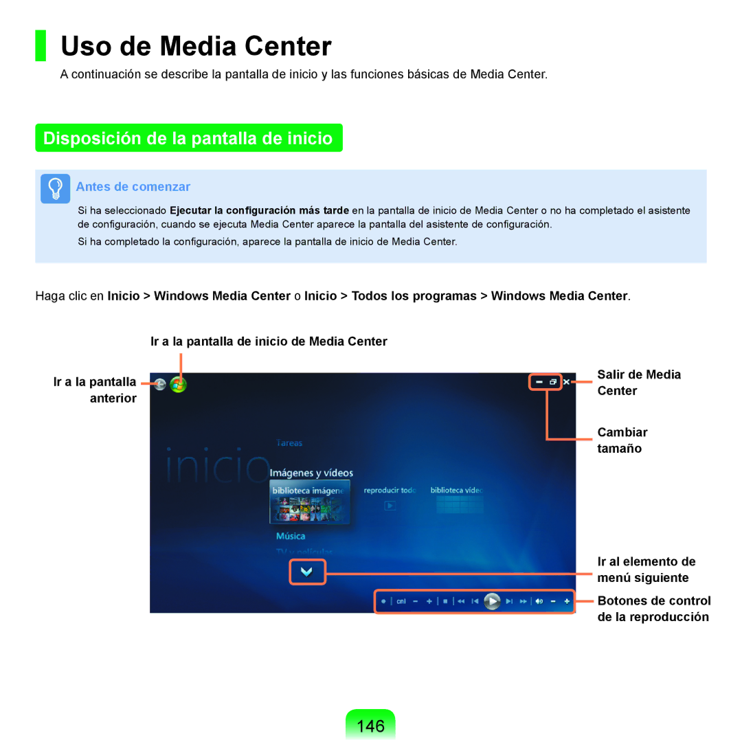 Samsung NP-R25A000/SES, NP-R25A001/SES manual Uso de Media Center, Disposición de la pantalla de inicio, 146 