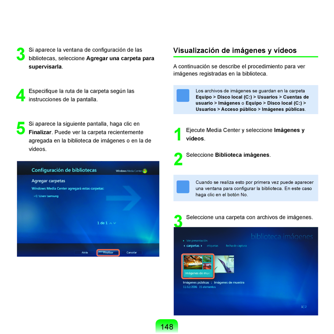 Samsung NP-R25A000/SES, NP-R25A001/SES manual 148, Visualización de imágenes y vídeos, Seleccione Biblioteca imágenes 