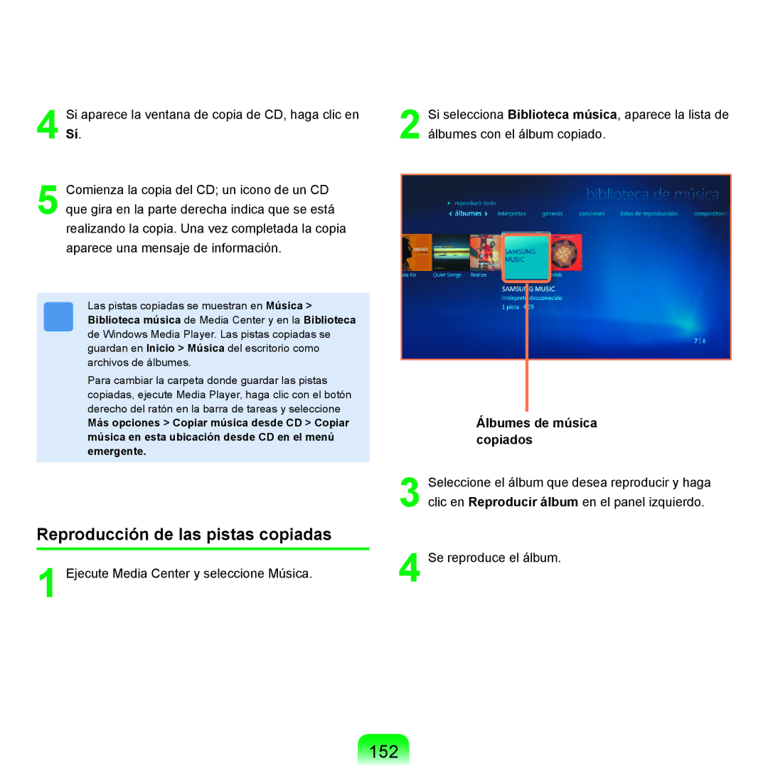 Samsung NP-R25A000/SES, NP-R25A001/SES manual 152, Reproducción de las pistas copiadas, Álbumes de música copiados 