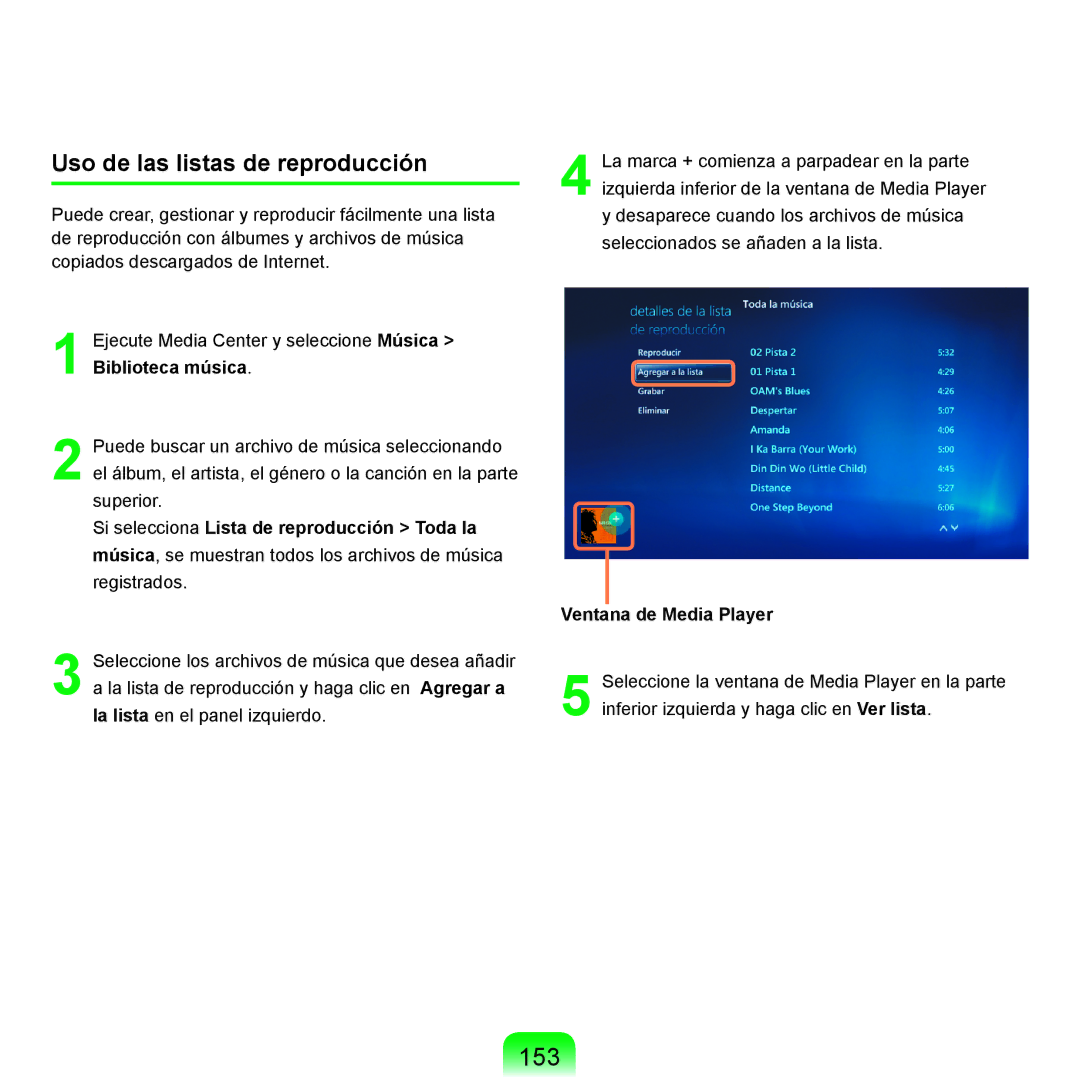 Samsung NP-R25A001/SES, NP-R25A000/SES manual 153, Uso de las listas de reproducción, Ventana de Media Player 