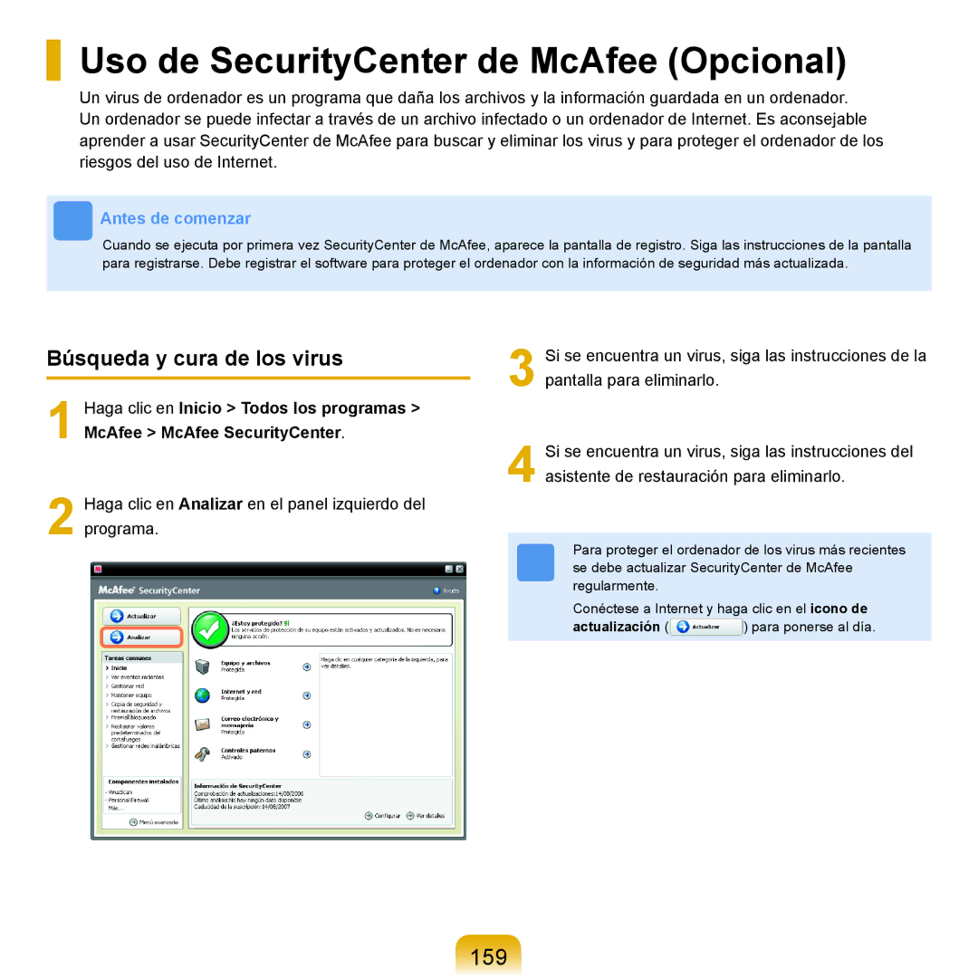 Samsung NP-R25A001/SES manual Uso de SecurityCenter de McAfee Opcional, 159, Búsqueda y cura de los virus, Actualización 