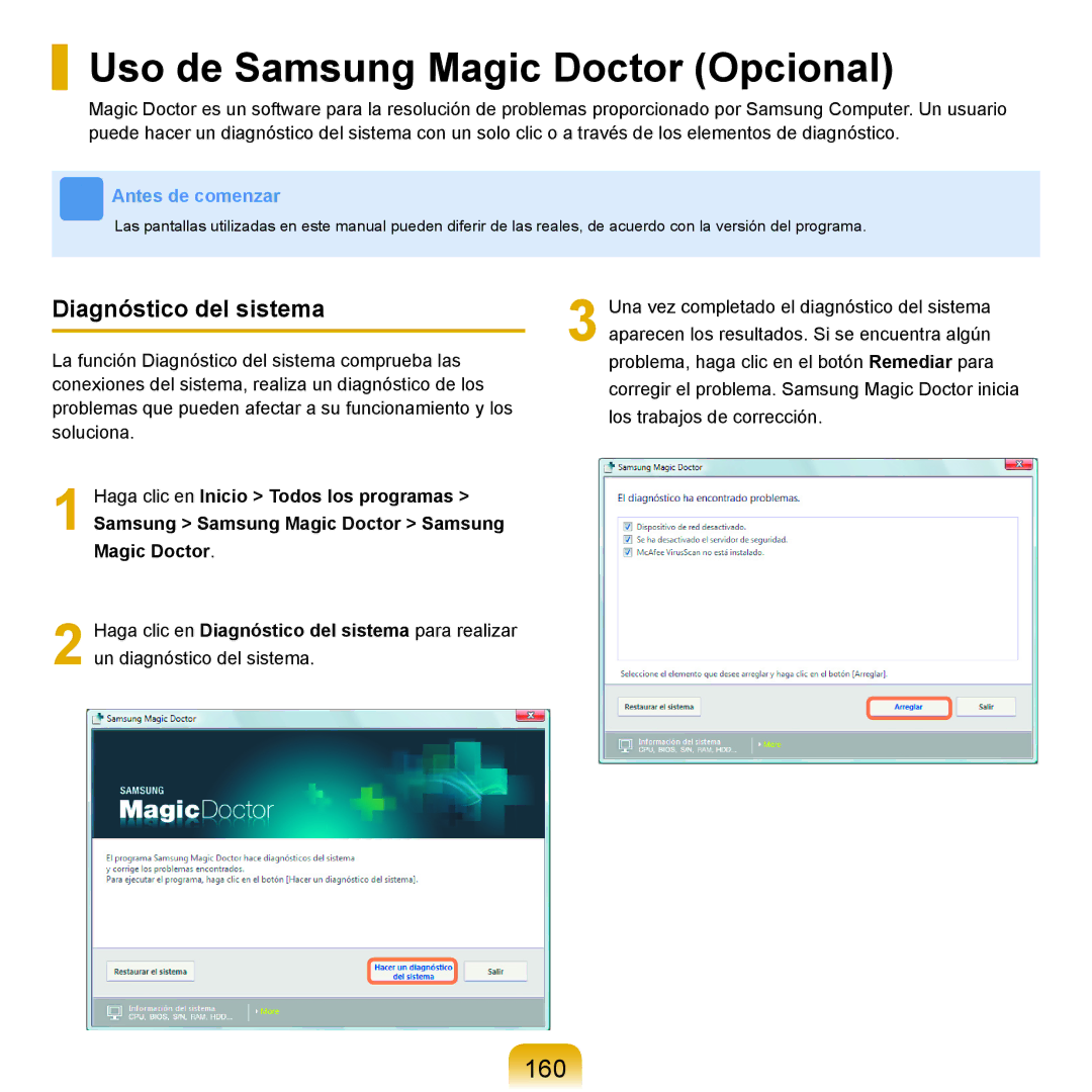 Samsung NP-R25A000/SES, NP-R25A001/SES manual Uso de Samsung Magic Doctor Opcional, 160, Diagnóstico del sistema 