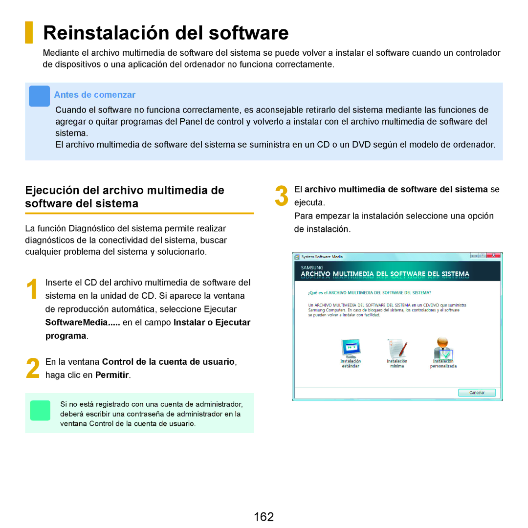 Samsung NP-R25A000/SES manual Reinstalación del software, 162, Ejecución del archivo multimedia de software del sistema 