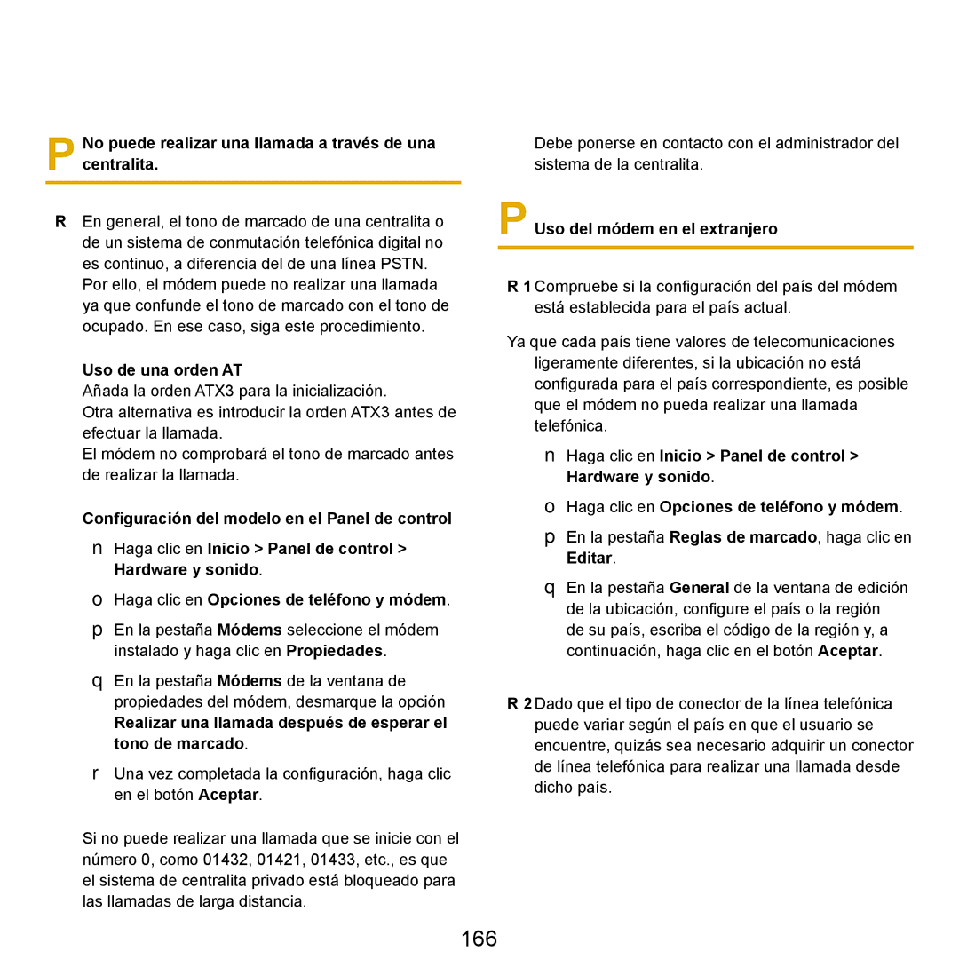 Samsung NP-R25A000/SES, NP-R25A001/SES 166, No puede realizar una llamada a través de una centralita, Uso de una orden AT 