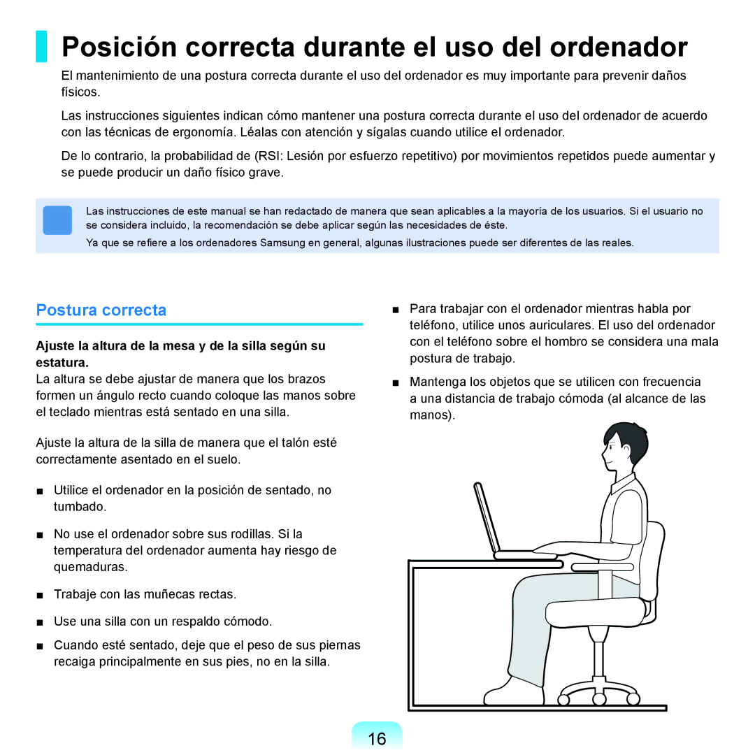 Samsung NP-R25A000/SES, NP-R25A001/SES manual Posición correcta durante el uso del ordenador, Postura correcta 