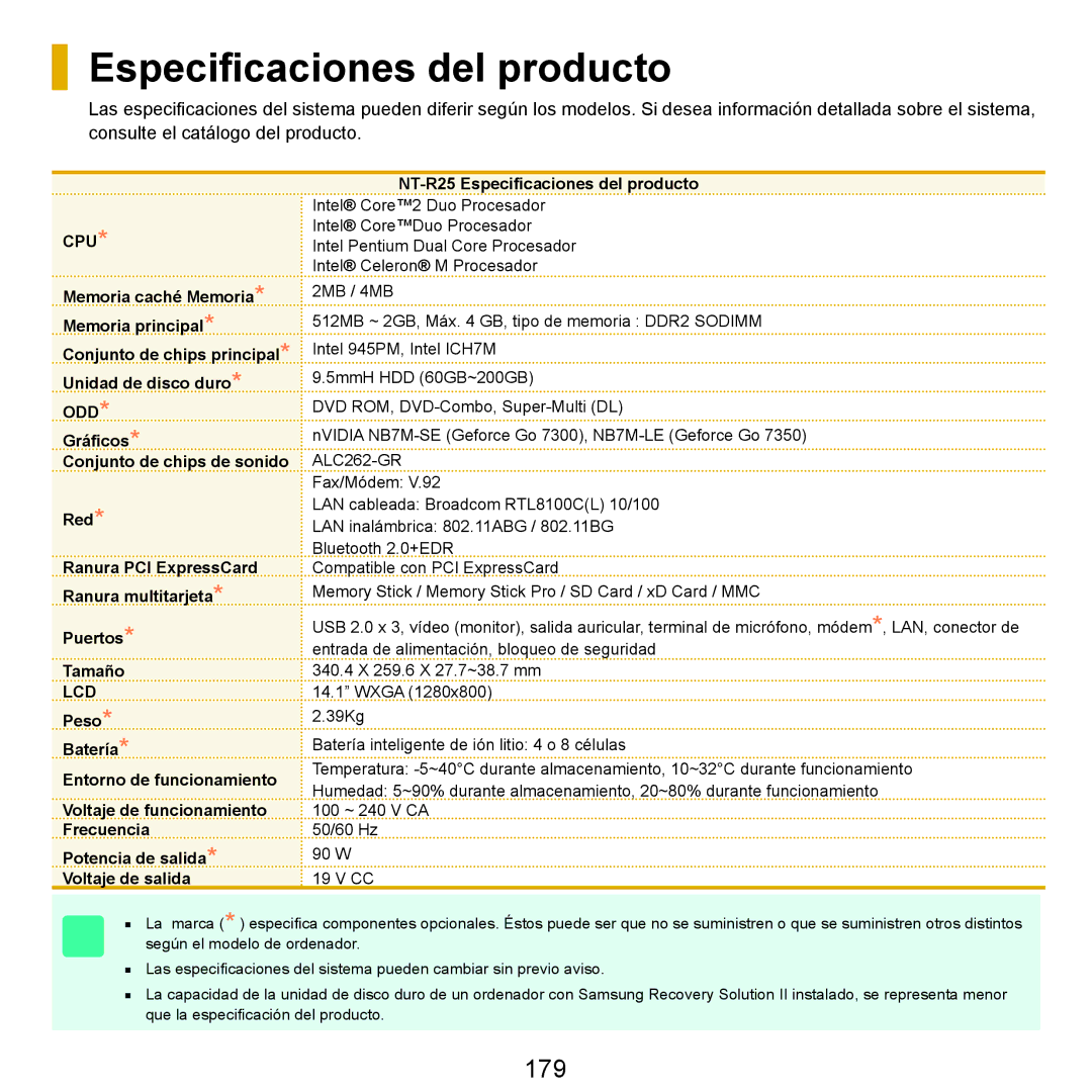 Samsung NP-R25A001/SES, NP-R25A000/SES manual Especiﬁcaciones del producto, 179 