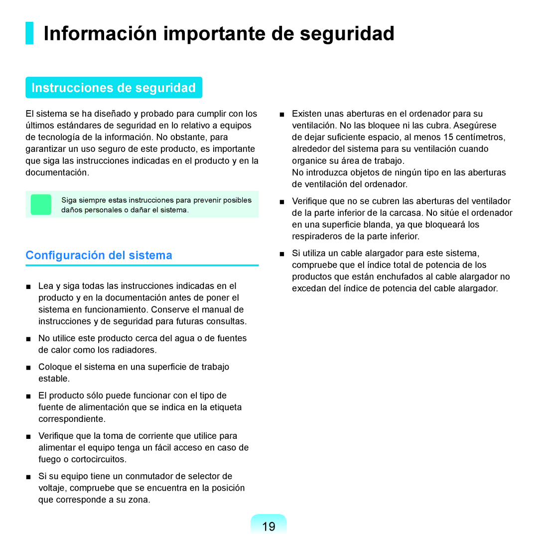 Samsung NP-R25A001/SES manual Información importante de seguridad, Instrucciones de seguridad, Conﬁguración del sistema 