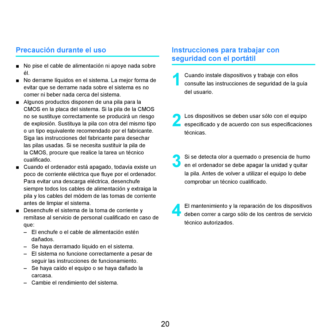 Samsung NP-R25A000/SES manual Precaución durante el uso, Instrucciones para trabajar con seguridad con el portátil 