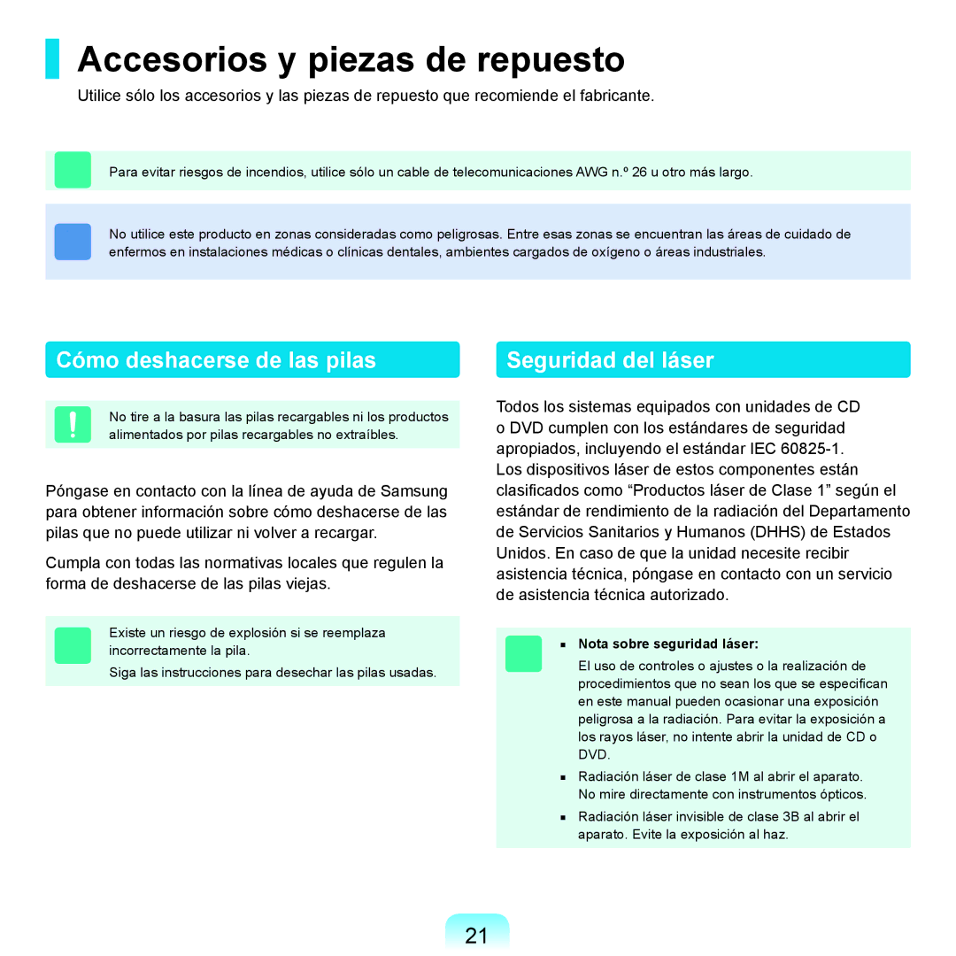 Samsung NP-R25A001/SES, NP-R25A000/SES Accesorios y piezas de repuesto, Cómo deshacerse de las pilas, Seguridad del láser 