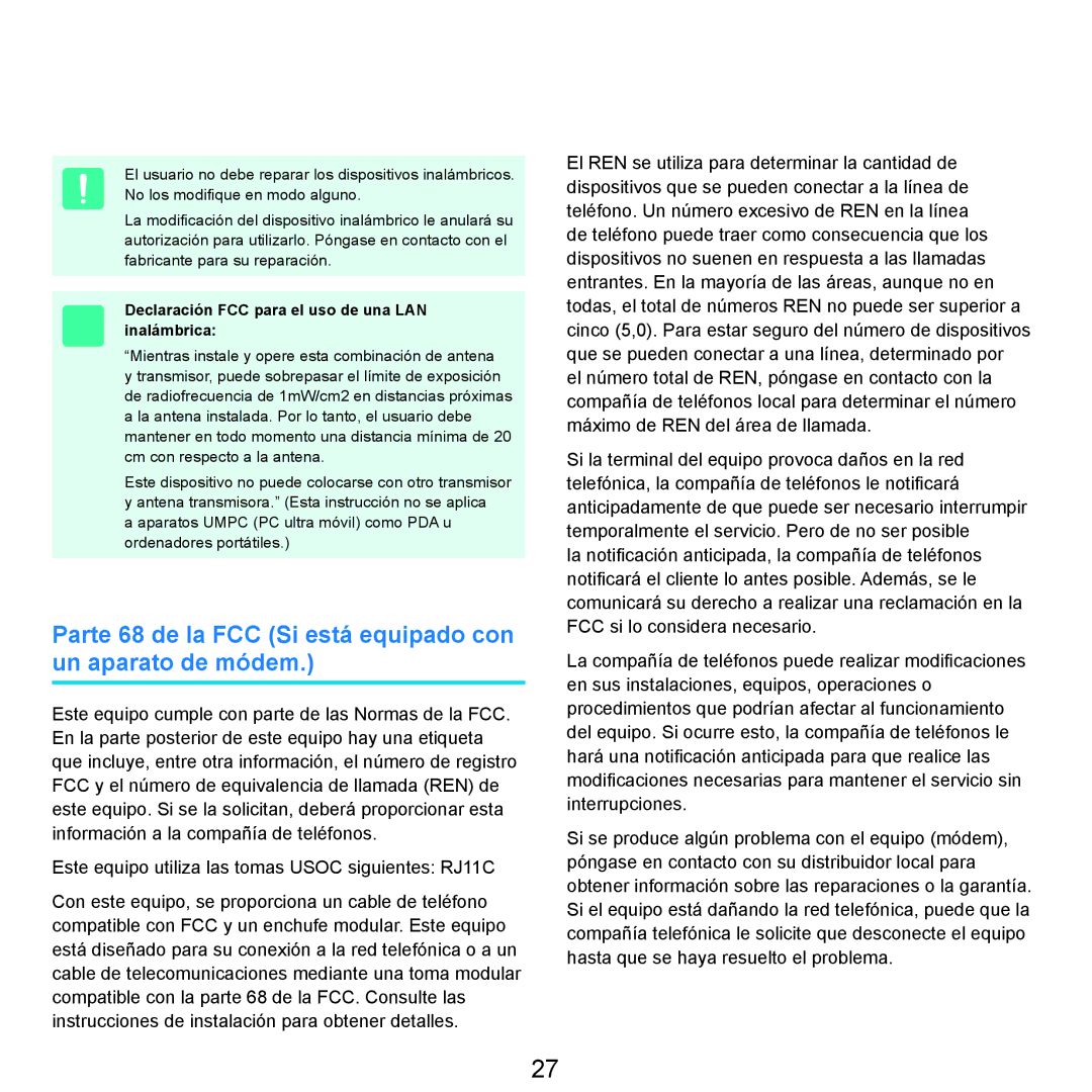 Samsung NP-R25A001/SES, NP-R25A000/SES manual Parte 68 de la FCC Si está equipado con un aparato de módem 