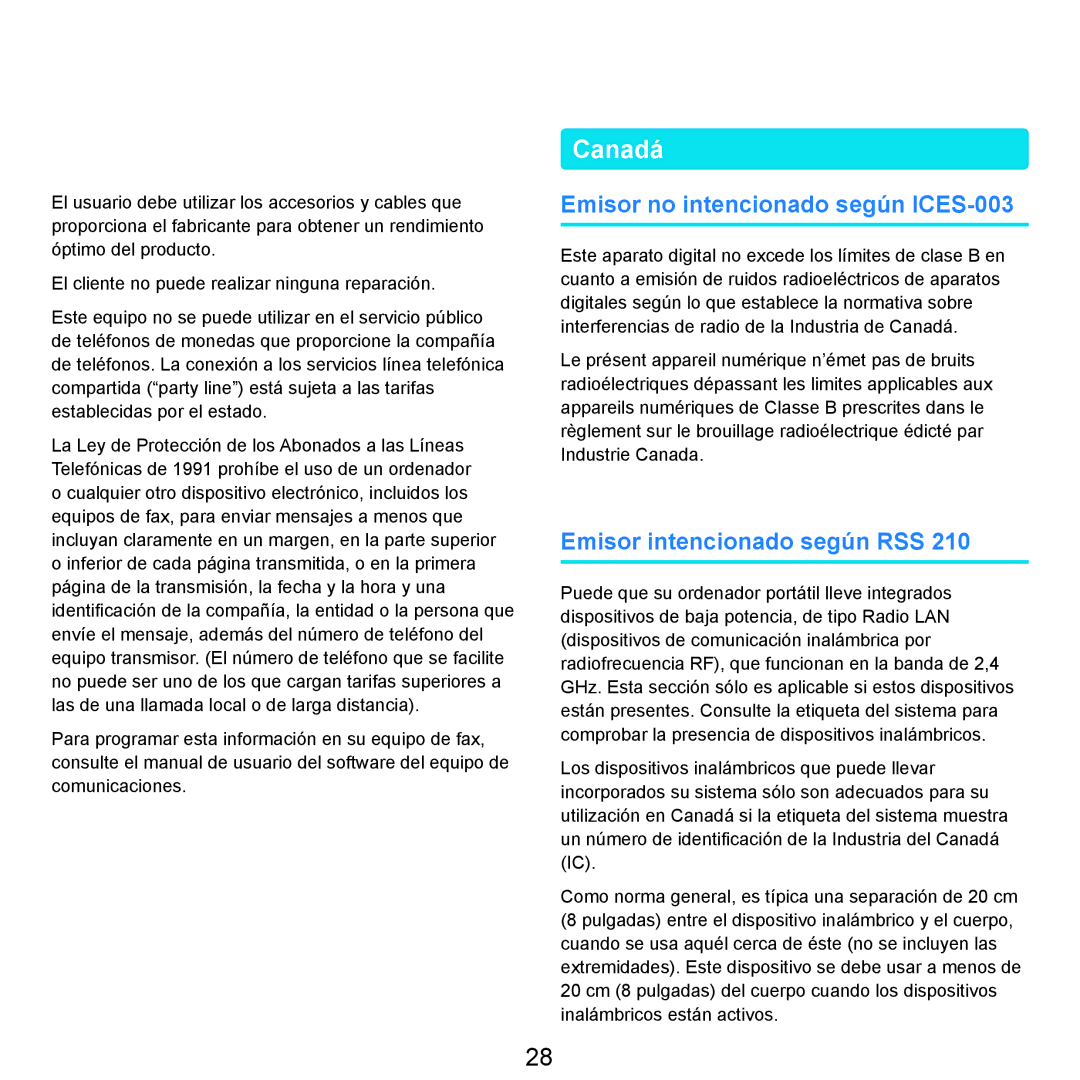 Samsung NP-R25A000/SES, NP-R25A001/SES manual Canadá, Emisor no intencionado según ICES-003, Emisor intencionado según RSS 