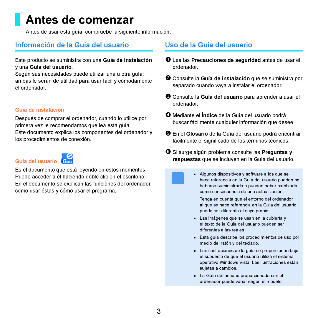 Samsung NP-R25A001/SES, NP-R25A000/SES Antes de comenzar, Información de la Guía del usuario, Uso de la Guía del usuario 