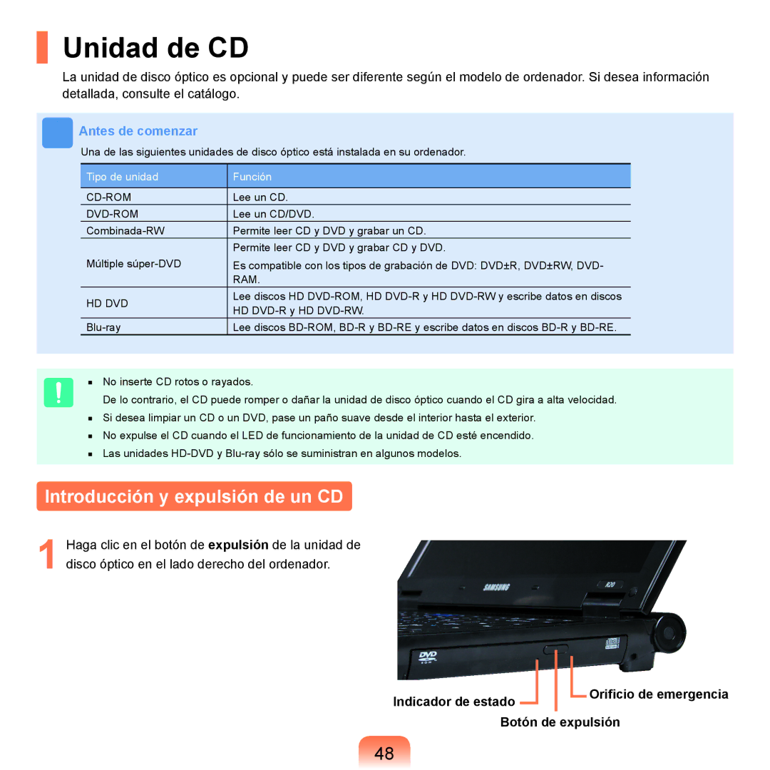 Samsung NP-R25A000/SES, NP-R25A001/SES manual Unidad de CD, Introducción y expulsión de un CD 