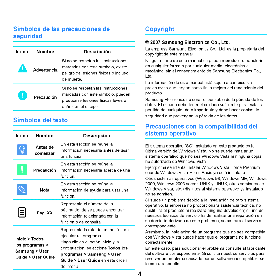 Samsung NP-R25A000/SES Simbolos de las precauciones de seguridad, Símbolos del texto, Copyright, Icono Nombre Descripción 